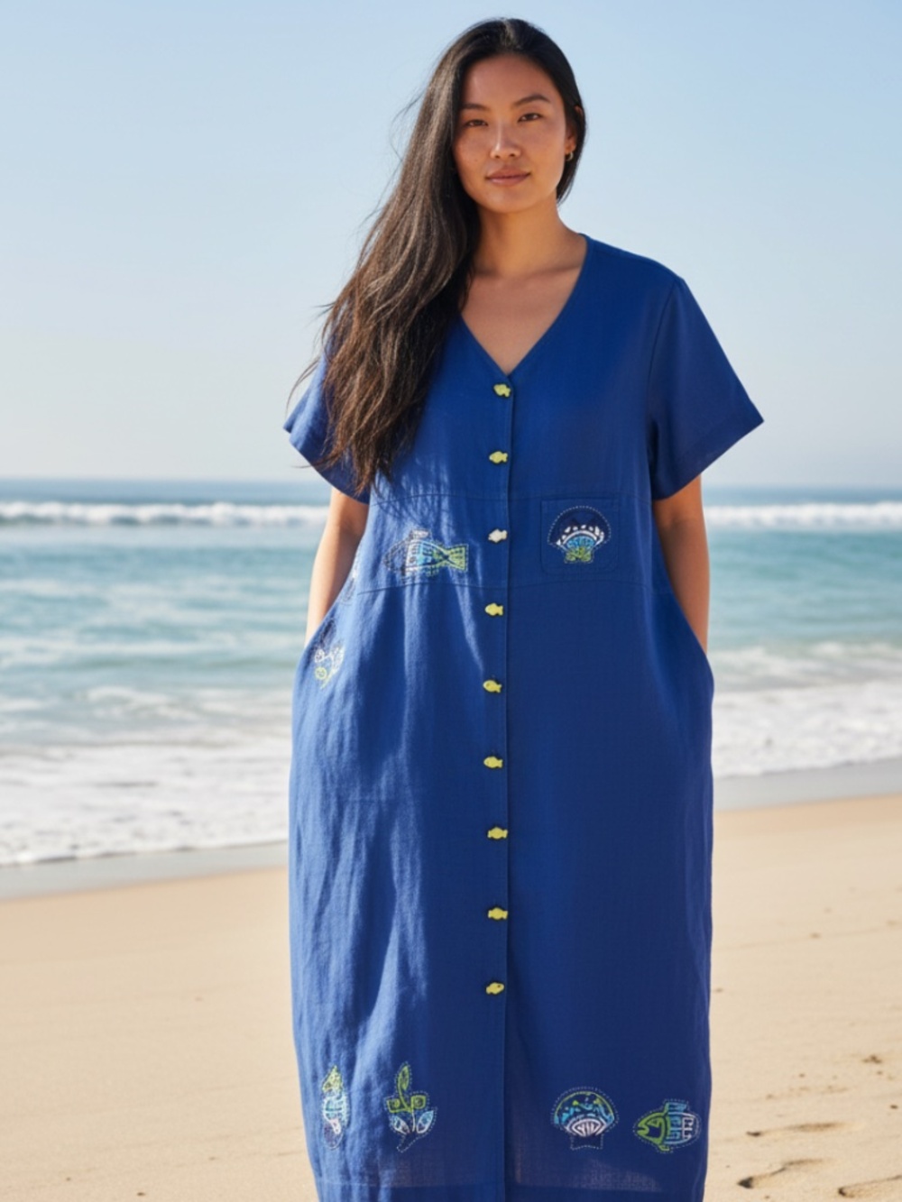 Vtg 90s Sag Harbor 16WP 16W Petite Midi Maxi Dress Shirtdress Blue Linen Fish
